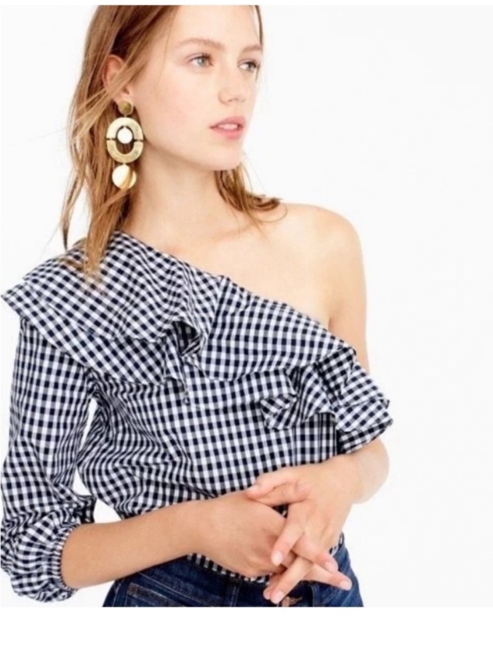J.Crew One Shoulder Ruffle Top Gingham Navy White Size 0 NWT Summer Date Night